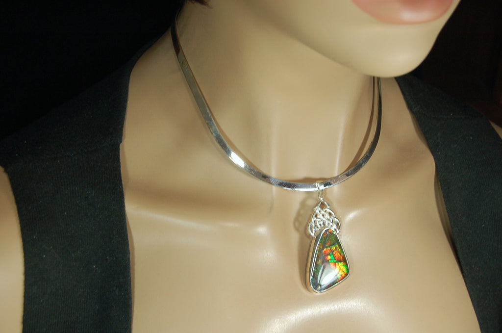 Ammolite Pendant Necklace.Natural very colorful cabochon magnificently set #030411