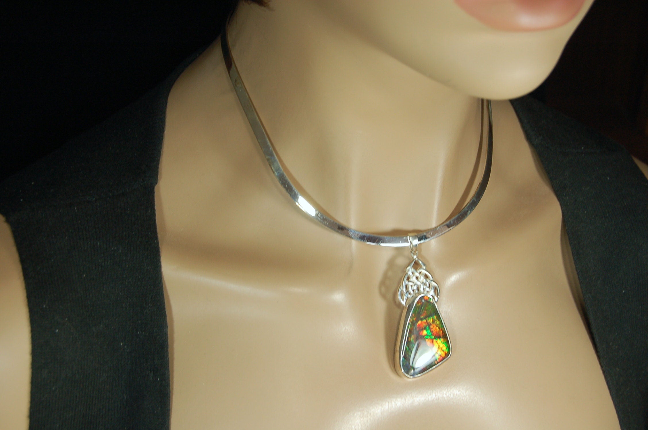 Ammolite Pendant Necklace.Natural very colorful cabochon magnificently set #030411