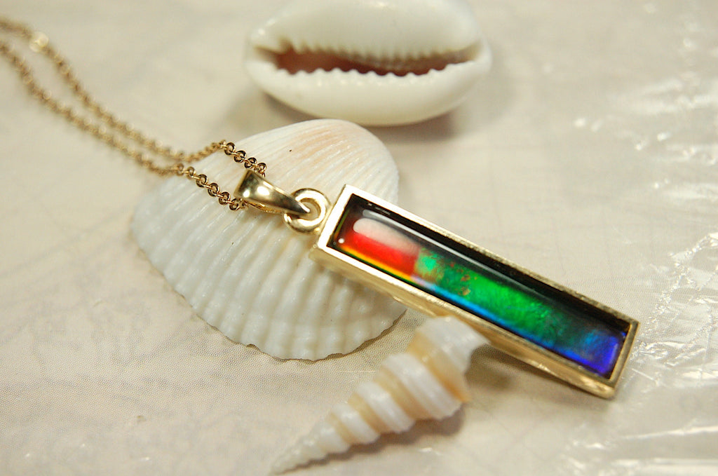 Ammolite Pendant Necklace in 14k Gold.A column of RARE ammolite rainbow colors.Minimalist and Unisex Jewelry.052512