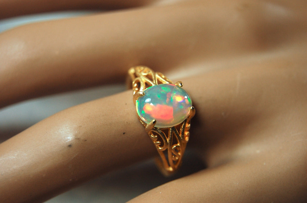 Gorgeous Opal Ring- Bright rolling colors.Absolutely natural gem.Unique Jewelry Gift for Her..