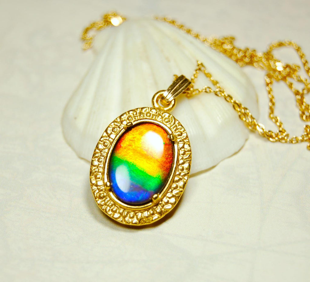 Ammolite pendant Anniversary gift idea for wife.Necklace set in 14kGF gold.Brilliant rainbow gem.Best seen in Video.033016