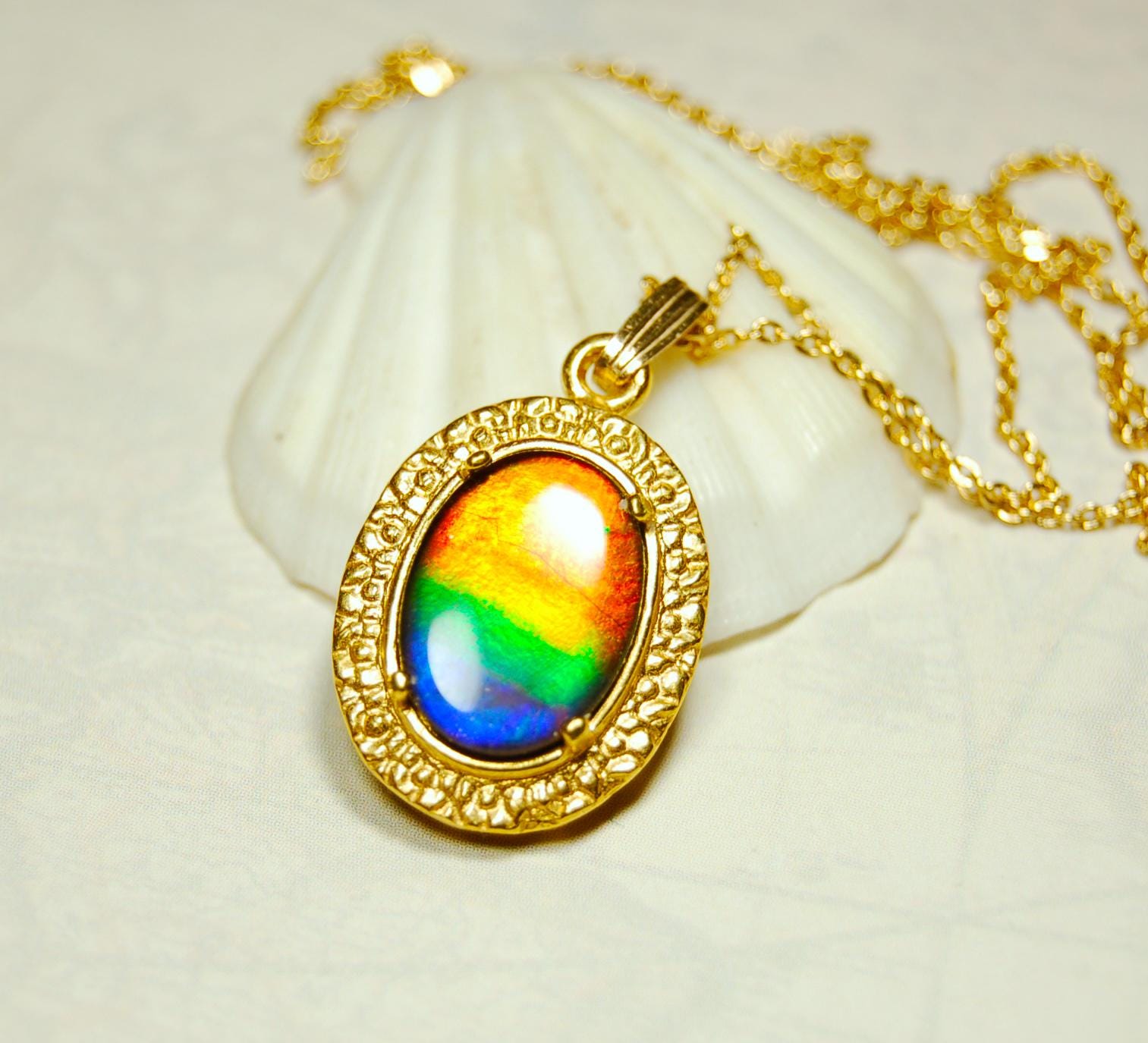 Ammolite pendant Anniversary gift idea for wife.Necklace set in 14kGF gold.Brilliant rainbow gem.Best seen in Video.033016