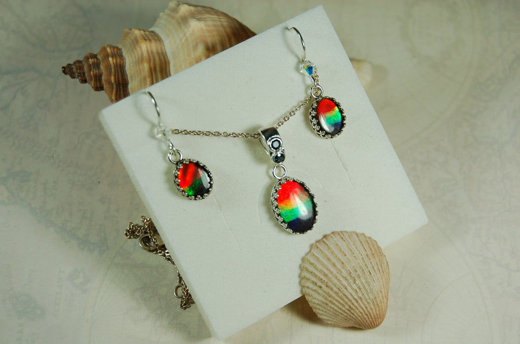 Birthday or Anniversary gift idea for wife. Ammolite Pendant Earring Set.Nicely matched brilliant tricolor gems.#102910