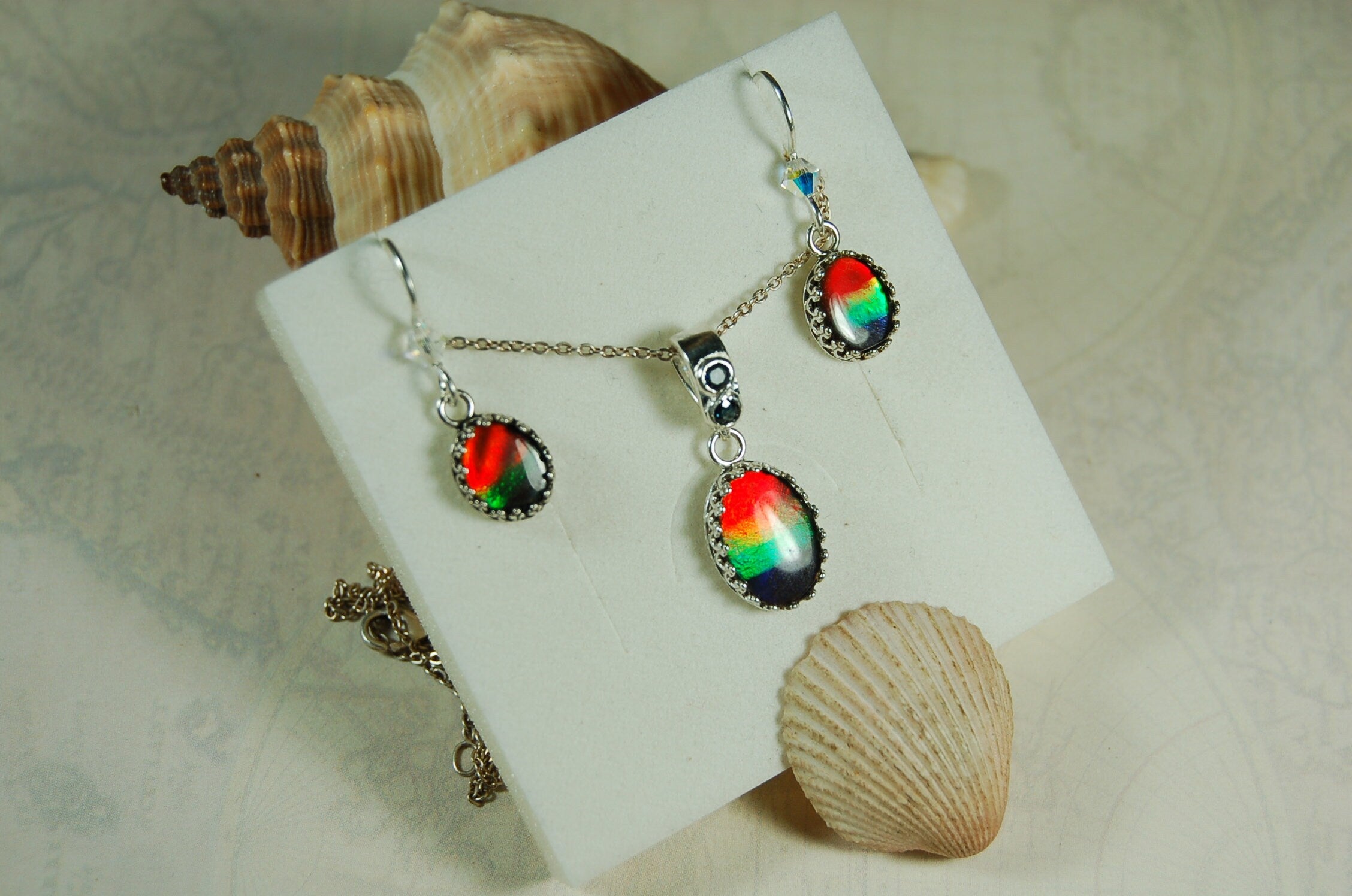 Birthday or Anniversary gift idea for wife. Ammolite Pendant Earring Set.Nicely matched brilliant tricolor gems.#102910