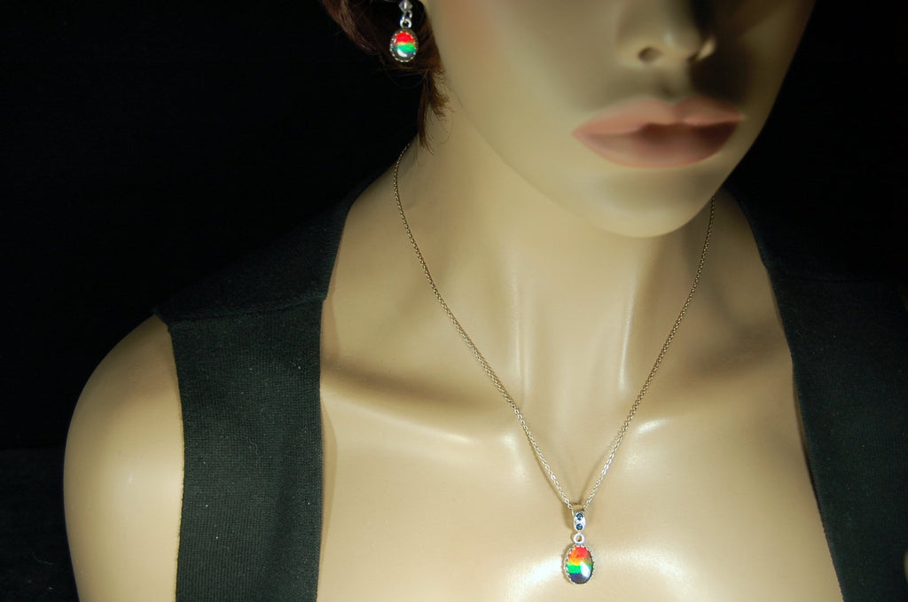 Birthday or Anniversary gift idea for wife. Ammolite Pendant Earring Set.Nicely matched brilliant tricolor gems.#102910