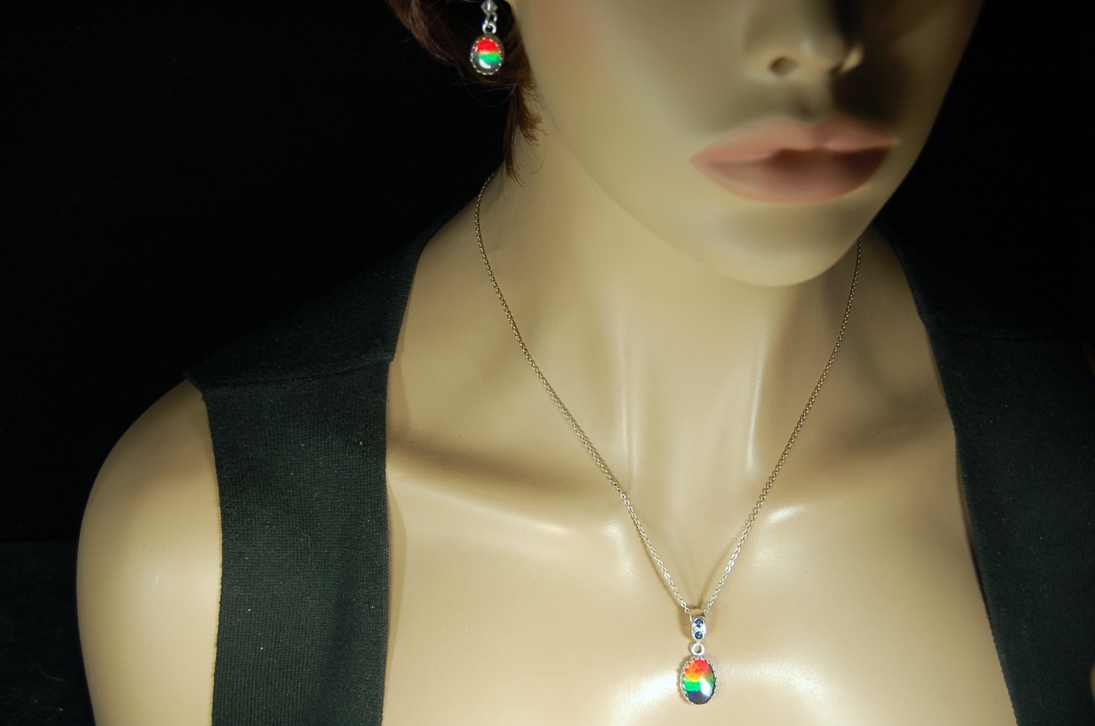 Birthday or Anniversary gift idea for wife. Ammolite Pendant Earring Set.Nicely matched brilliant tricolor gems.#102910