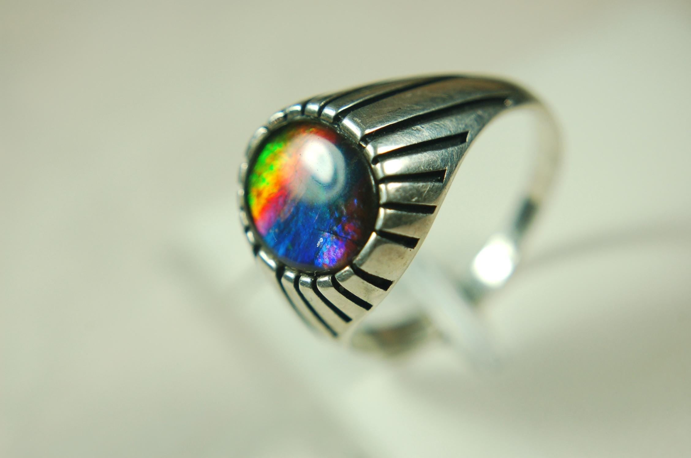 Ammolite Men's Ring.Projects powerful colors Size 12  #071515