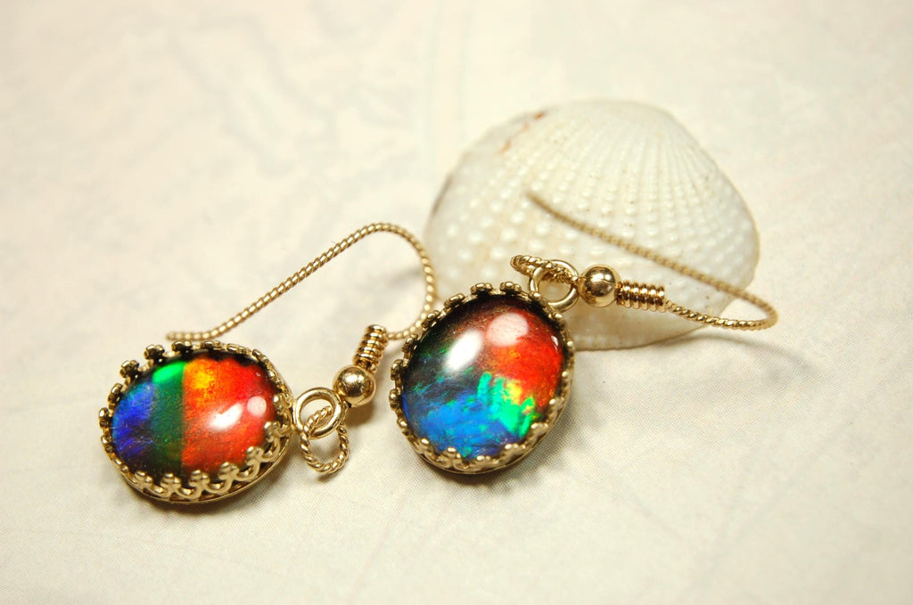 Exquisite Ammolite Earrings in 14k Gold.High Quality RARE Four Color Rainbow gems.Perfect gift Idea for wife..091214