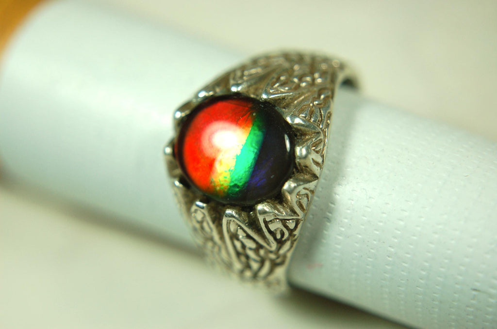 Ammolite Mens Ring of Four Colors.Size 11.Powerful Statement Ring in heavily carved Sterling Silver..061815