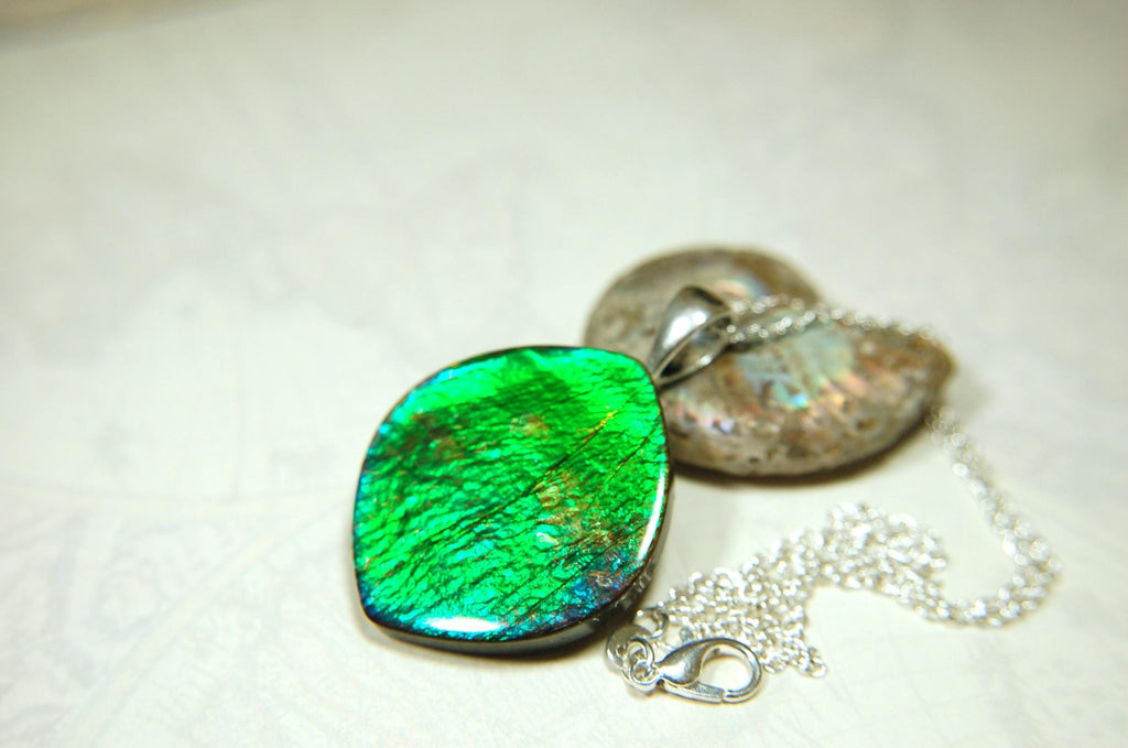 Ammolite pendant for lovers of green this is the one.High quality genuine gem from Alberta Canada.Big impact pendant.021226