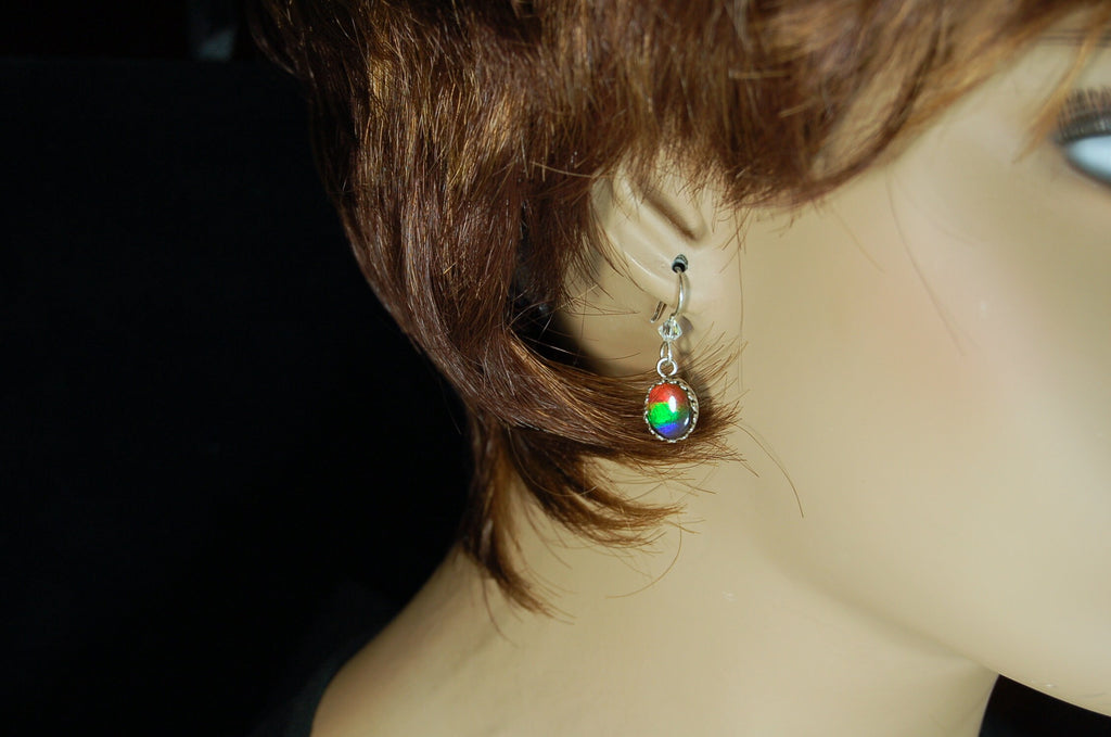 Ammolite Ear Rings.Perfect Mothers Day gift of RARE genuine ammolite she is sure to treasure.Lovely matched tricolor rainbow gems.#102410