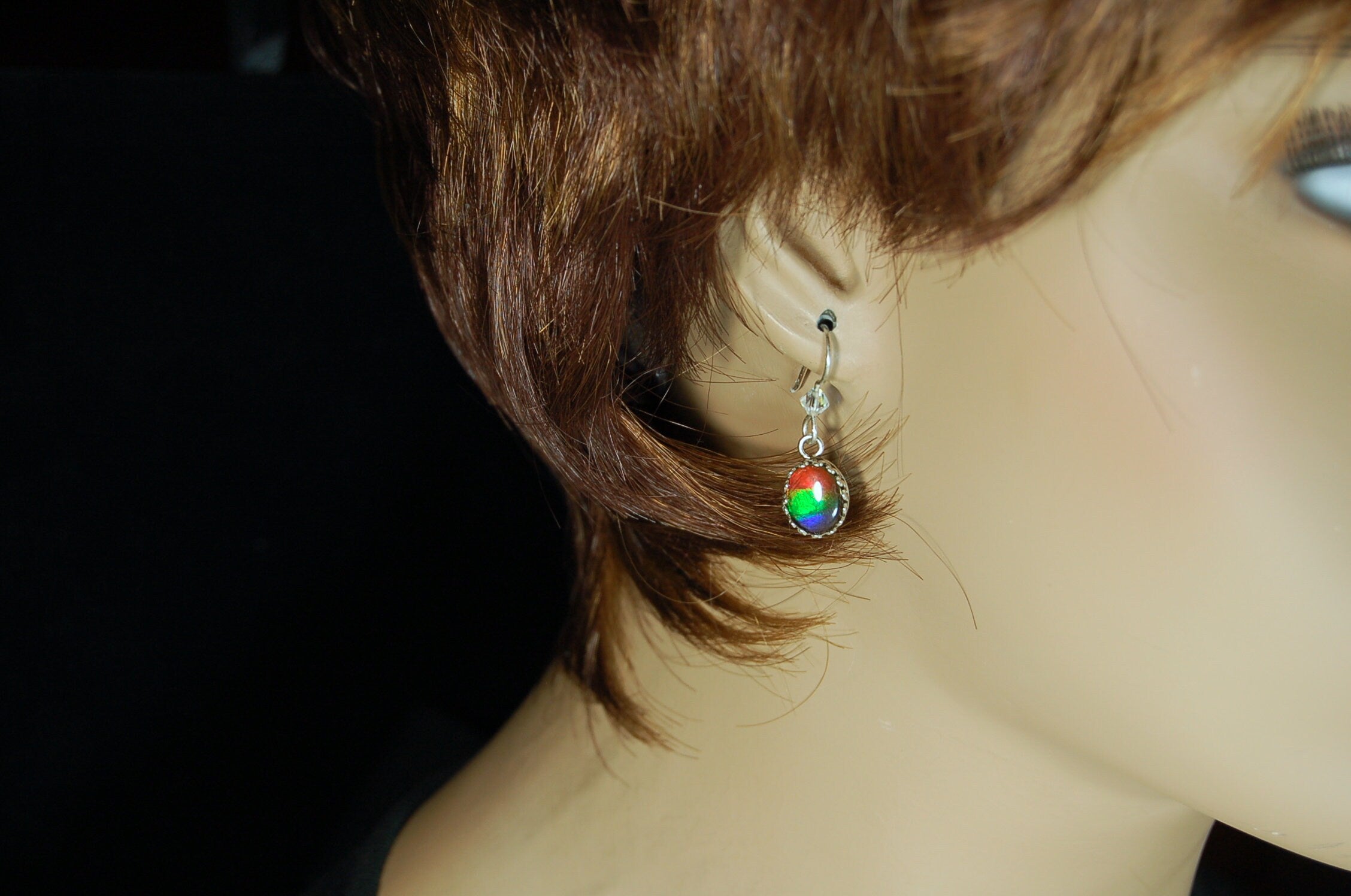 Ammolite Ear Rings.Perfect Mothers Day gift of RARE genuine ammolite she is sure to treasure.Lovely matched tricolor rainbow gems.#102410