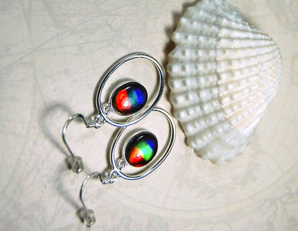 Ammolite Hoop Earrings - Bright Dangles for Birthday or Anniversary - High quality genuine Canadian Gemstones.