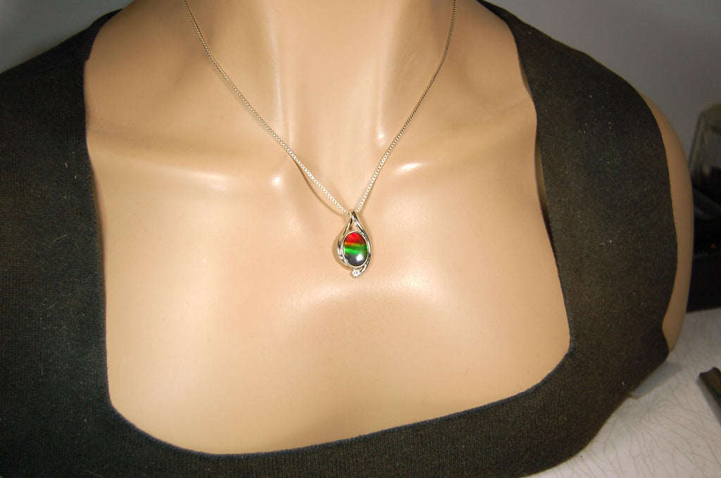 Sterling Silver Ammolite Pendant – Natural Rainbow Fossil Gemstone Necklace – Handmade Jewelry-.052015