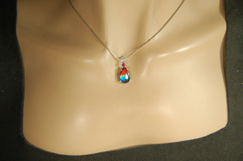 Ammolite Raibow pendant.Natural ruby companion stone.Lots of bright colors.#110317