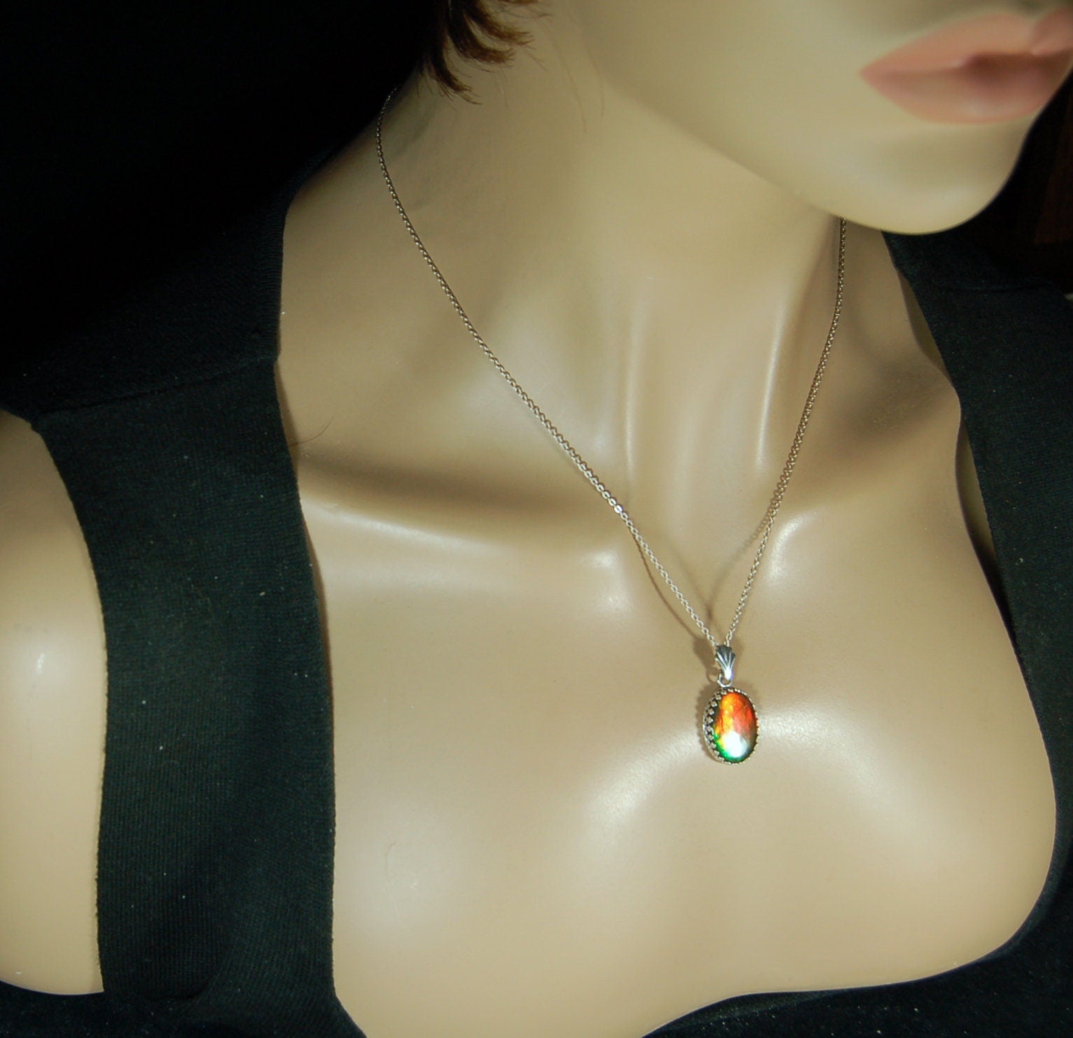 Fiery Ammolite pendant in Argentium* non tarnish Sterling Silver.Perfect Gift for her.Ammolite jewelry.Ammolite Feng shui.#123110