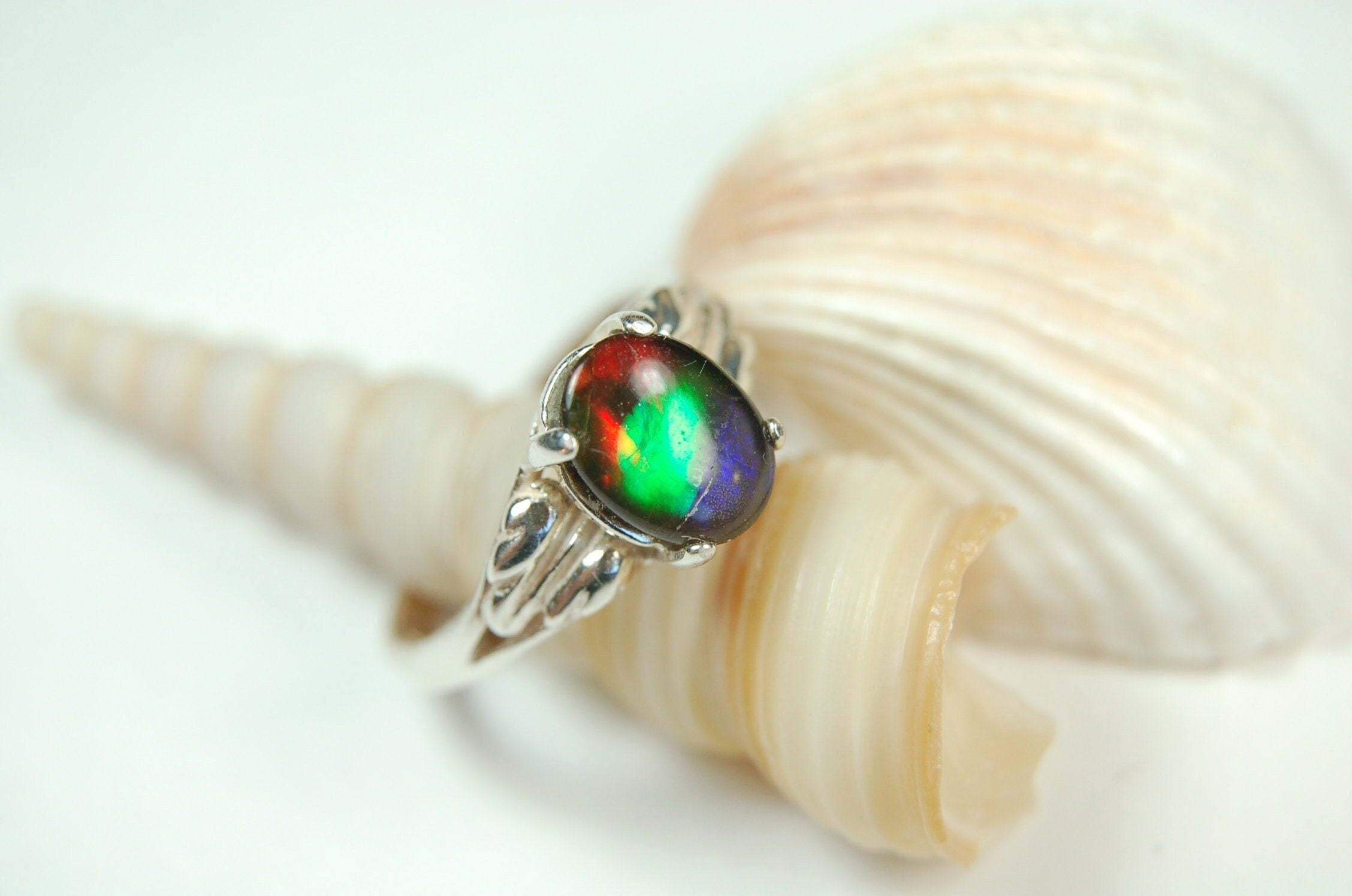 Canadian Rainbow Ammolite ring in Sterling Silver.A gift that will be treasured. #010212