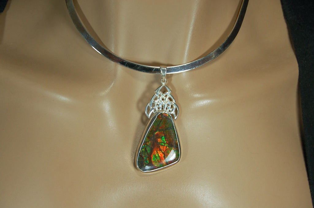 Ammolite Pendant Necklace.Natural very colorful cabochon magnificently set #030411