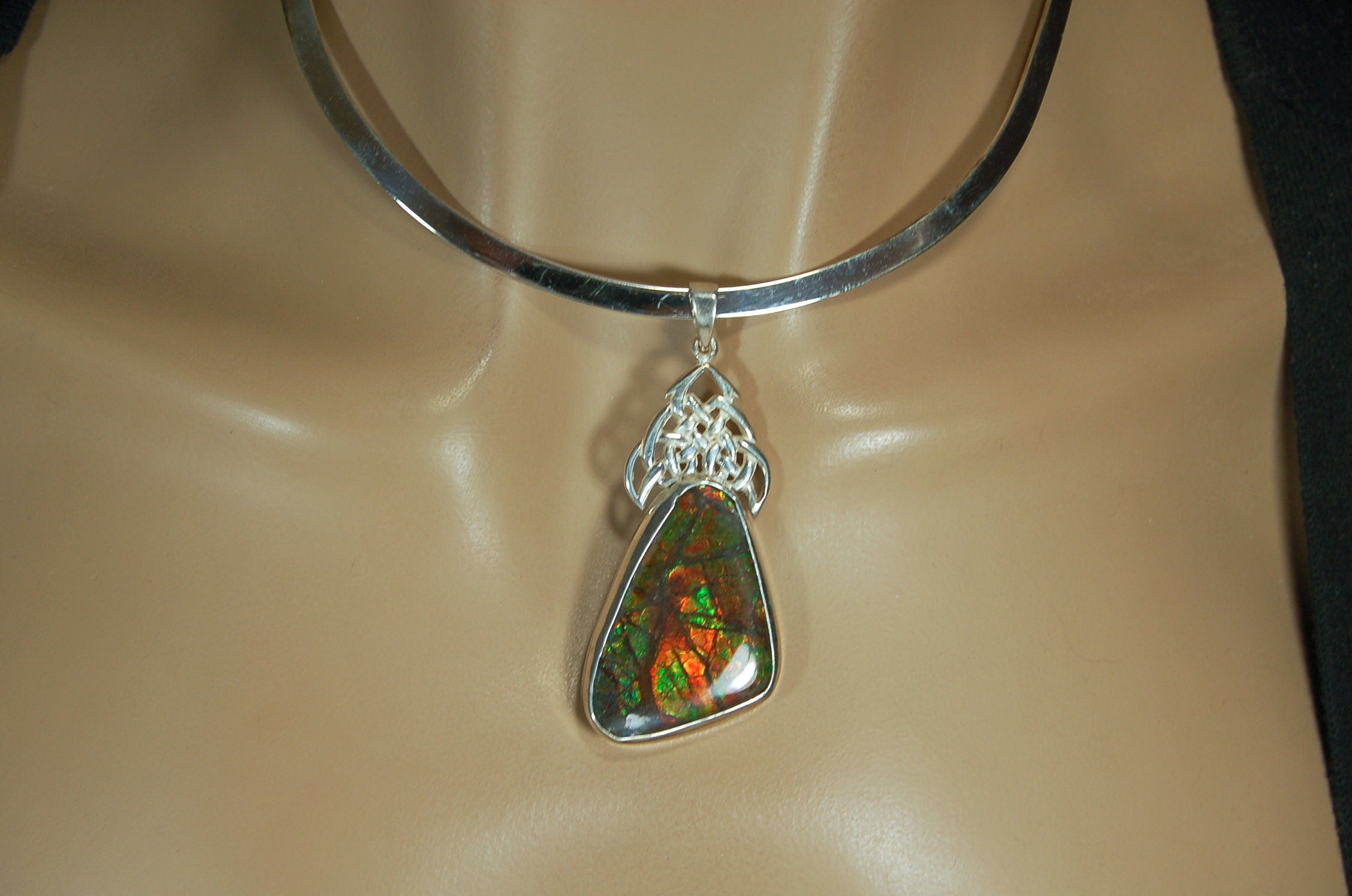 Ammolite Pendant Necklace.Natural very colorful cabochon magnificently set #030411