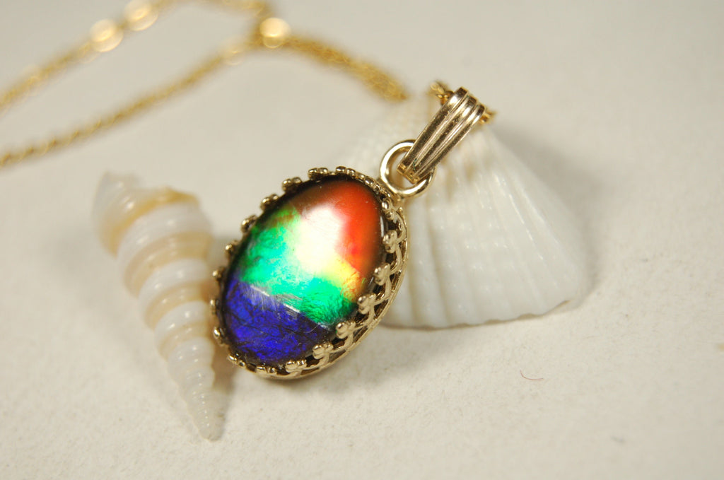 Ammolite Jewelry Pendant Necklace.Four Color Rainbow Ammolite set in solid 14k Gold.Perfect gift.GENUINE Canadian Alberta Ammolite.100213