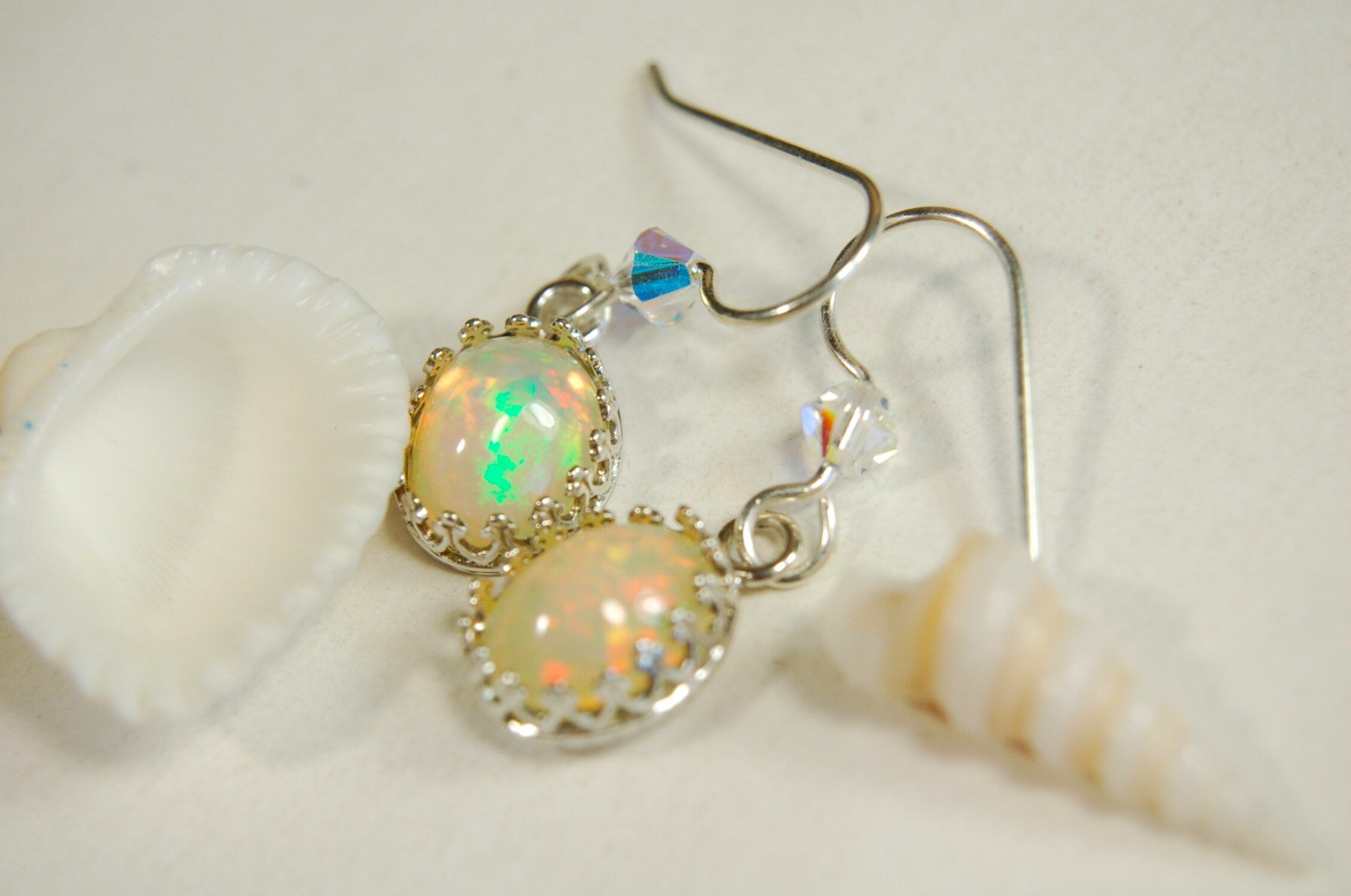 Genuine Natural Opal Earrings Drops set in Argentium* non tarnish Sterling Silver.Lovely changing colors.#032813