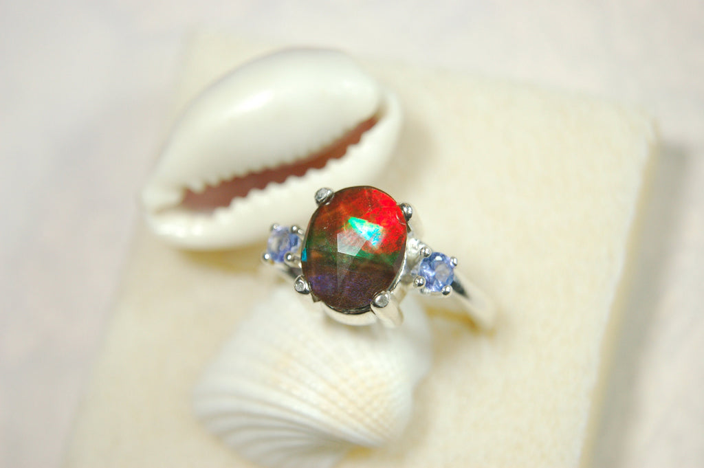 Ammolite Jewelry Ring with Tanzanites.No import taxes under CUSMA rules.022414
