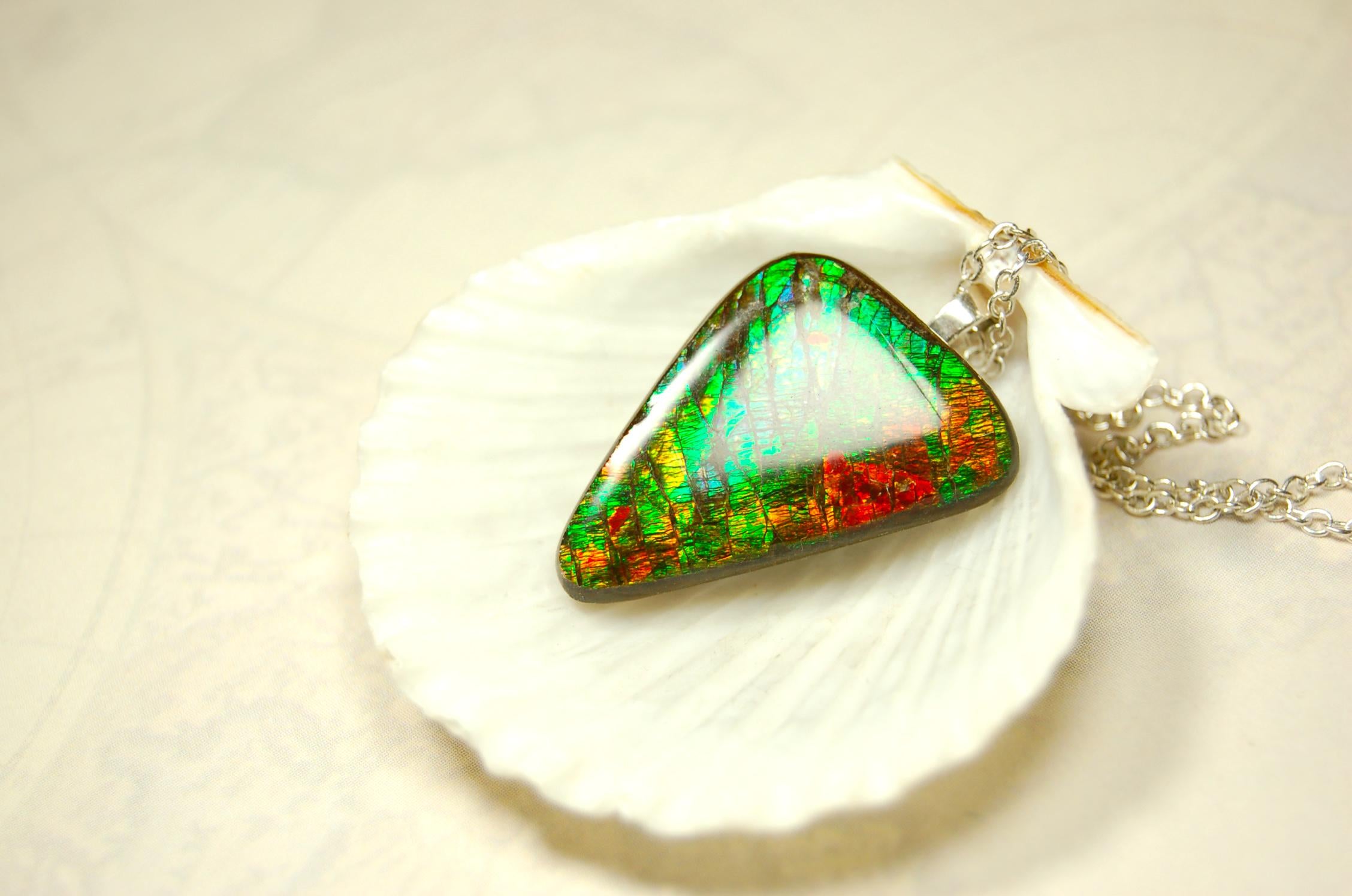Natural Ammolite Gemstone Pendant from Alberta Canada with bright rich varied colors. A perfect Unisex  birthday gift. 032416