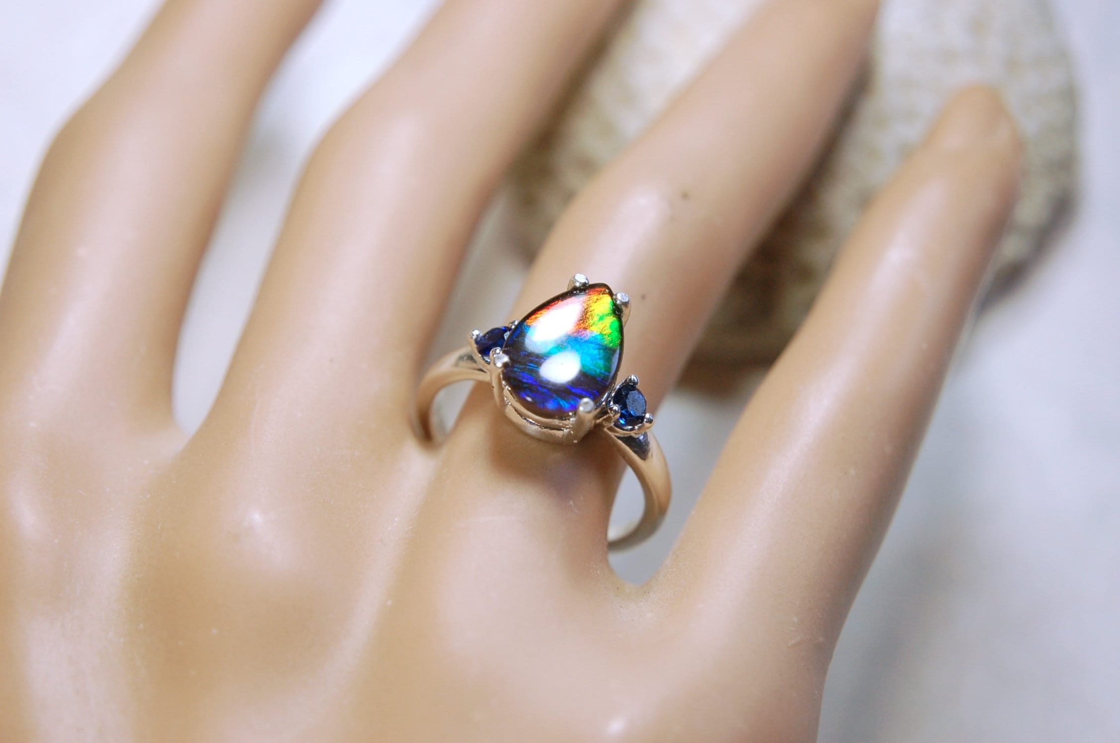 Ammolite teardrop Ring with four rich colors.Set in sterling silver.Size 7.Perfect gift for her.One of a kind ring.041214