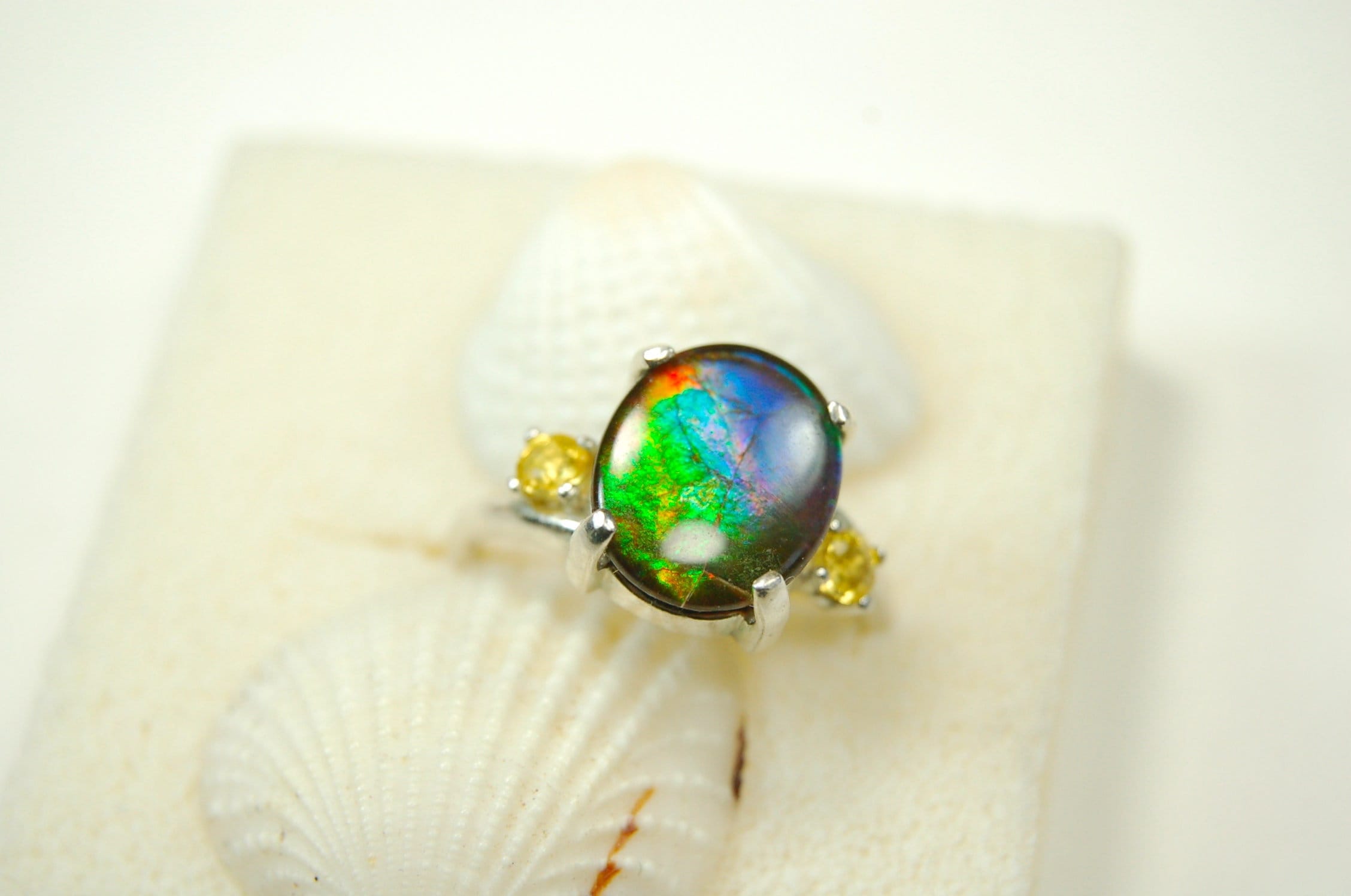 Ammolite Ring.Gift for wife.Learn about Canadas rarest gemstone.Must see video#121611