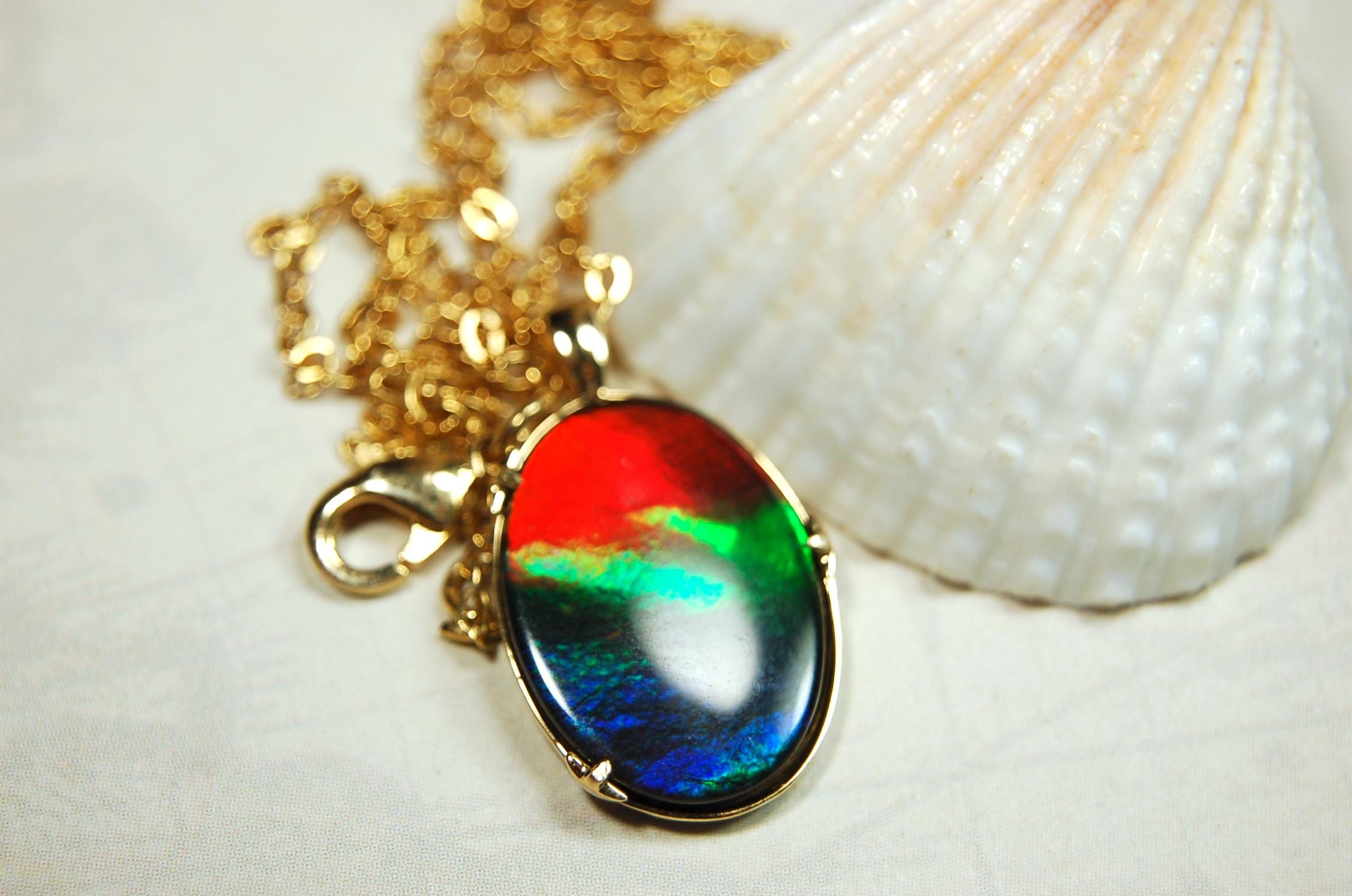 14k gold set ammolite pendant.Gift idea for wife?Rainbow colors.High quality Ammolite.090614