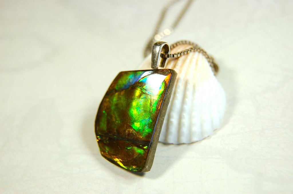Birthday gift idea for wife. Ammolite Pendant Necklace.All natural cabochon freeform gem.Boho jewelry.090414
