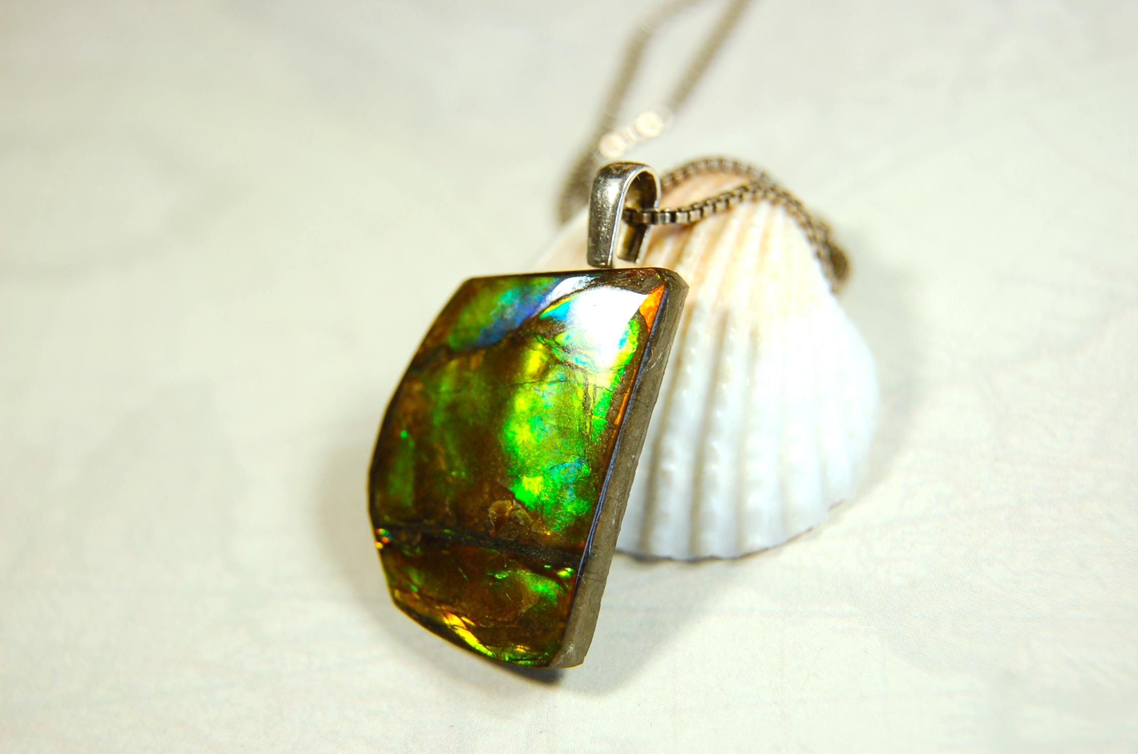 Birthday gift idea for wife. Ammolite Pendant Necklace.All natural cabochon freeform gem.Boho jewelry.090414
