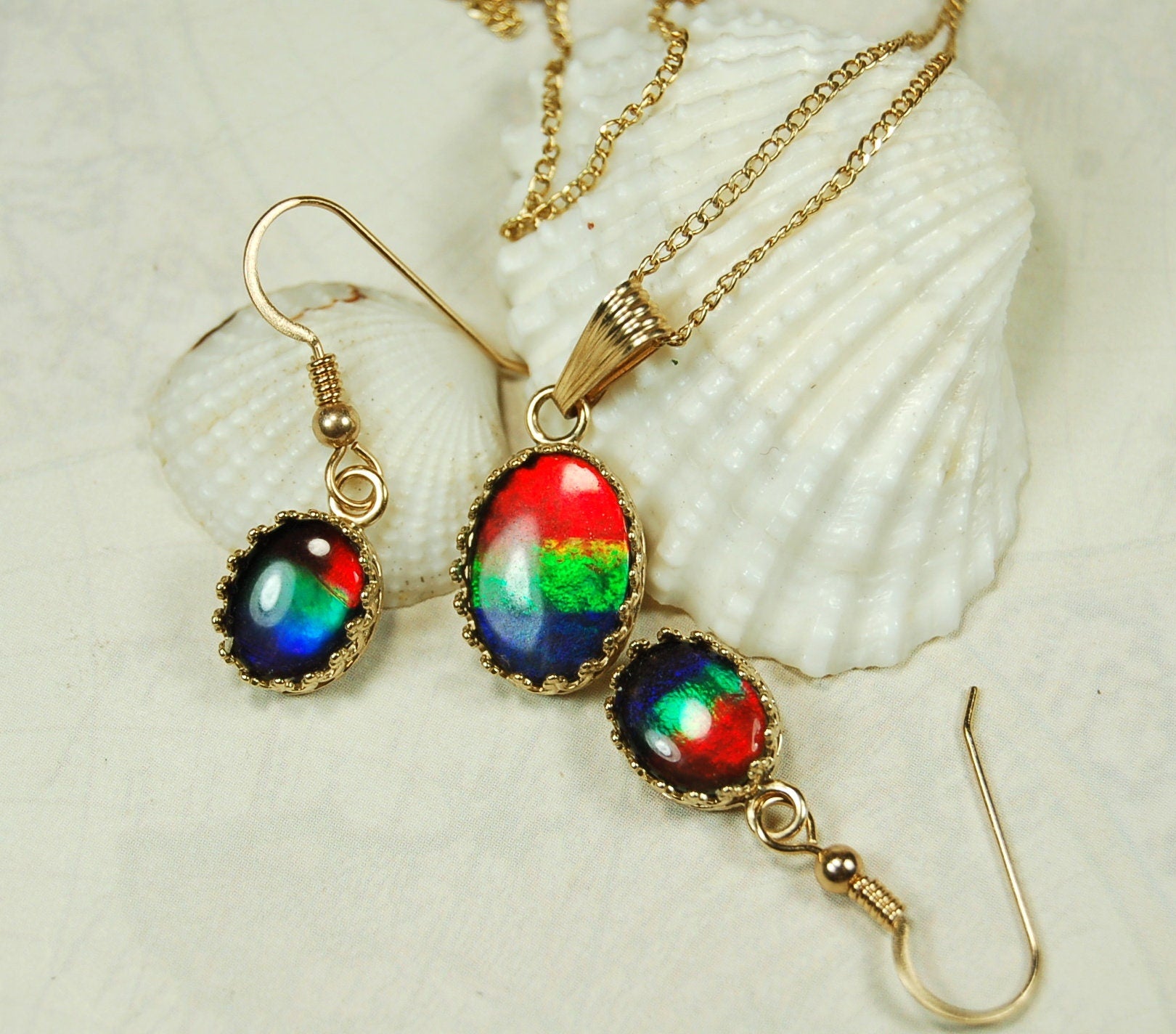 Ammolite Jewelry Set 14k Gold.Bright High Quality tricor gems.Memorable RARE gift for wife.Quality fashion accessory.112510