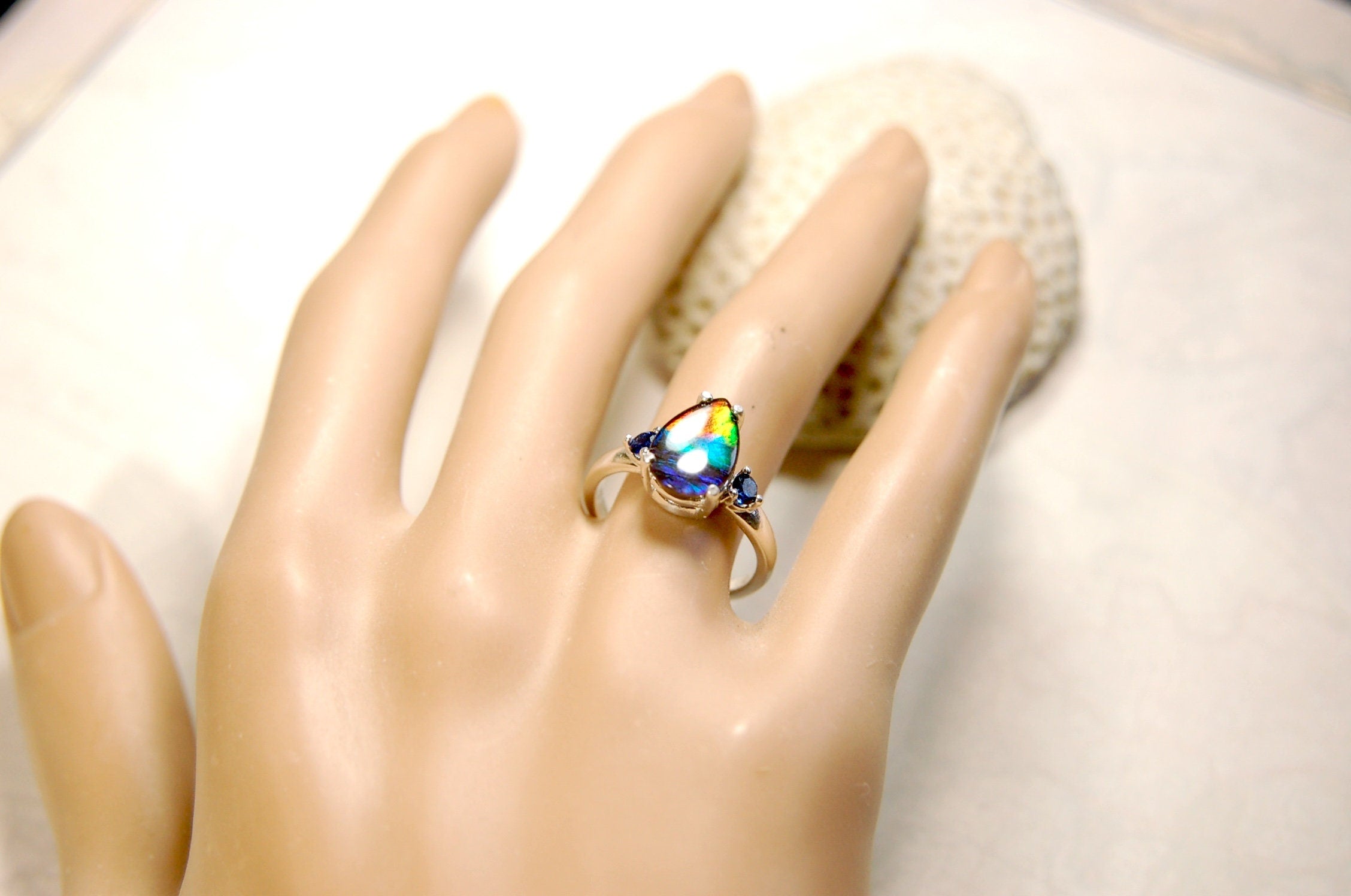 Ammolite teardrop Ring with four rich colors.Set in sterling silver.Size 7.Perfect gift for her.One of a kind ring.041214