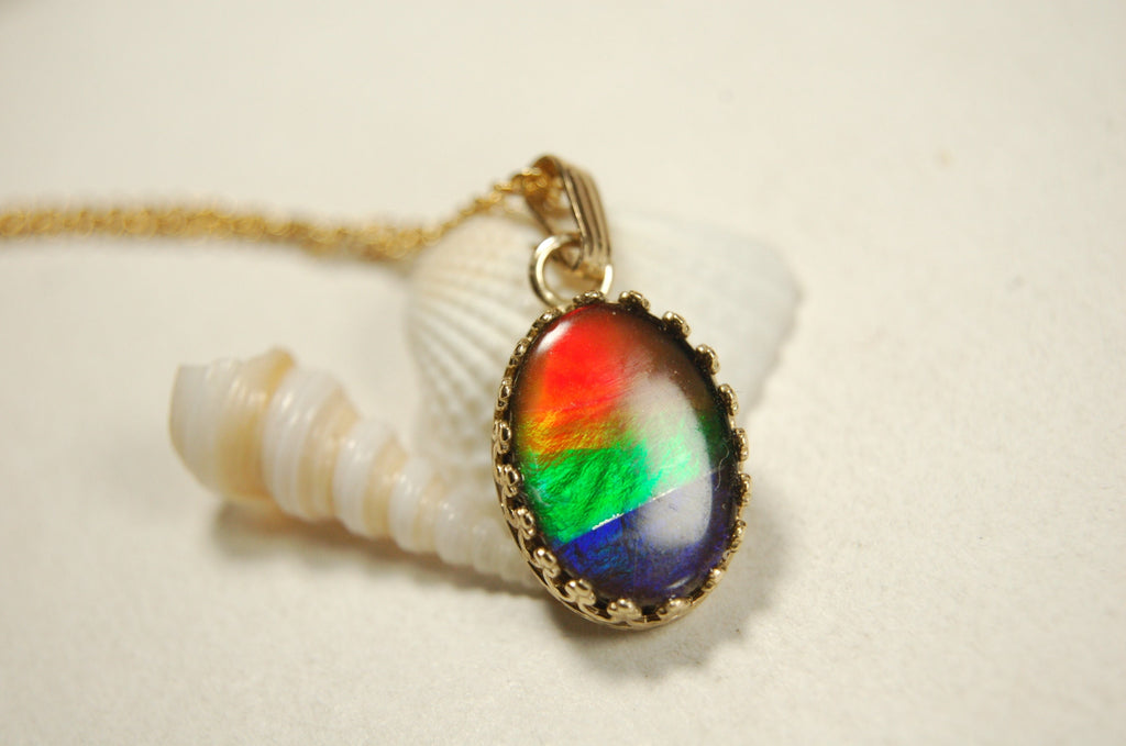 Ammolite Jewelry Pendant Necklace.Four Color Rainbow Ammolite set in solid 14k Gold.Perfect gift.GENUINE Canadian Alberta Ammolite.100213