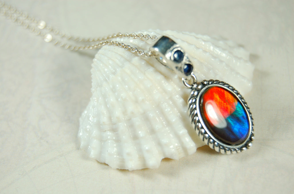 Ammolite Pendant Necklace.Solid sterling silver setting.Bright Rainbow colors. Sapphire studded bail.Unique gift for wife.102429