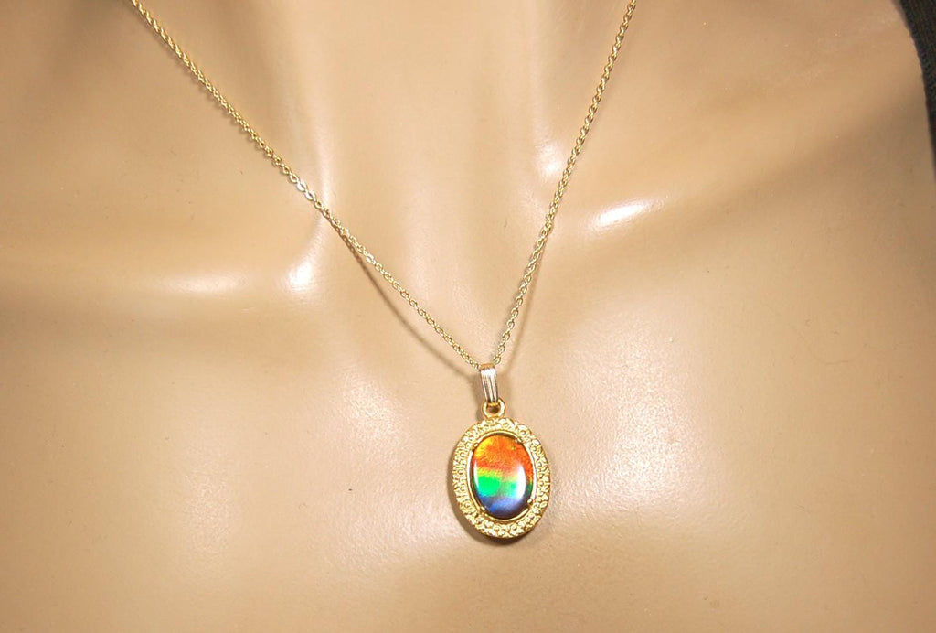 Ammolite pendant Anniversary gift idea for wife.Necklace set in 14kGF gold.Brilliant rainbow gem.Best seen in Video.033016