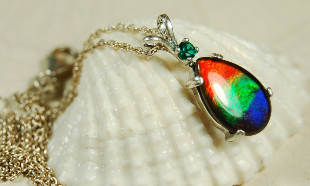 Ammolite Jewelry Pendant.bright Rainbow Colors. Ammolite with Emerald.Canadian gemstones.The perfect RARE gift for her.#012410