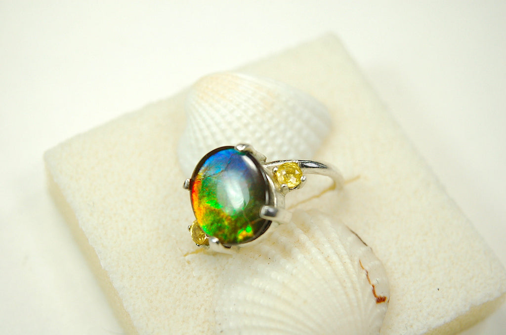 Ammolite Ring.Gift for wife.Learn about Canadas rarest gemstone.Must see video#121611