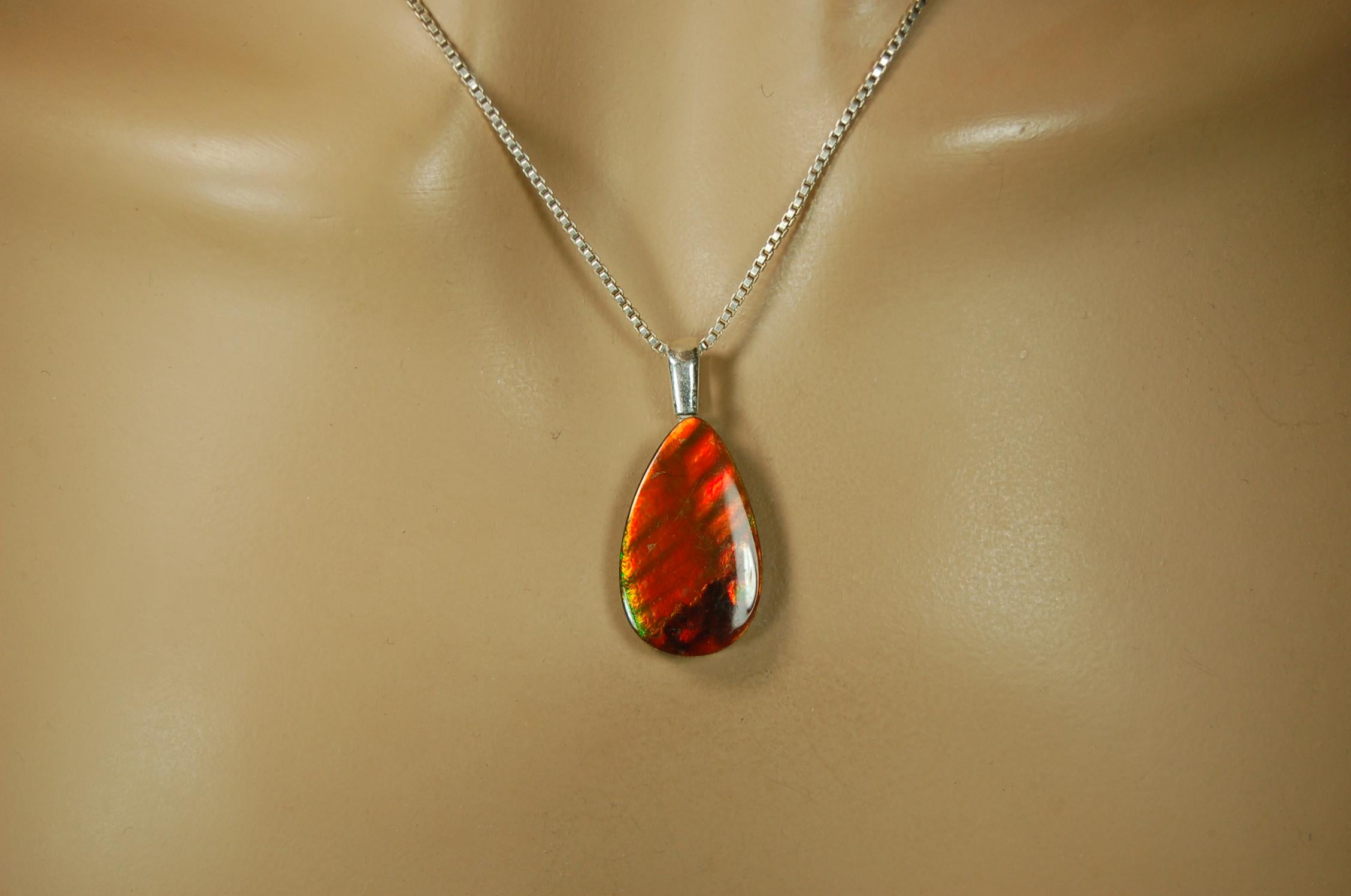 Anniversary gift idea.Unisex Jewelry.Ammolite Pendant Necklace, Sterling Silver Feather Bail. Color changing natural freeform cabochon.