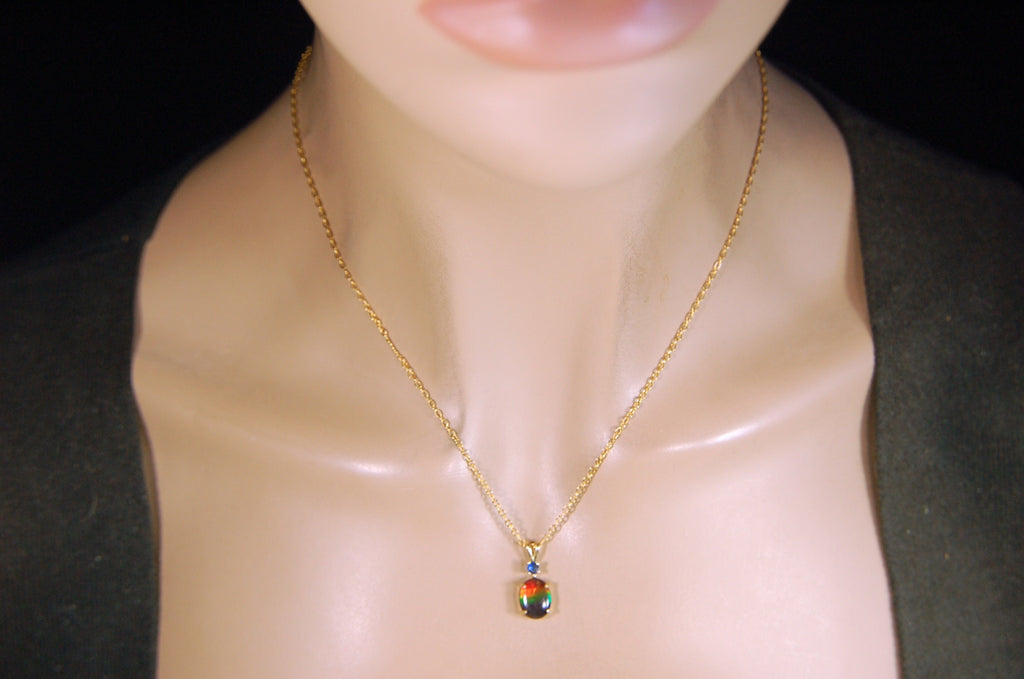 Petite Ammolite Jewelry Pendant in solid 10k Gold with Sapphire.Canadian Ammolite The Perfect Birthday Gift for Wife.032614