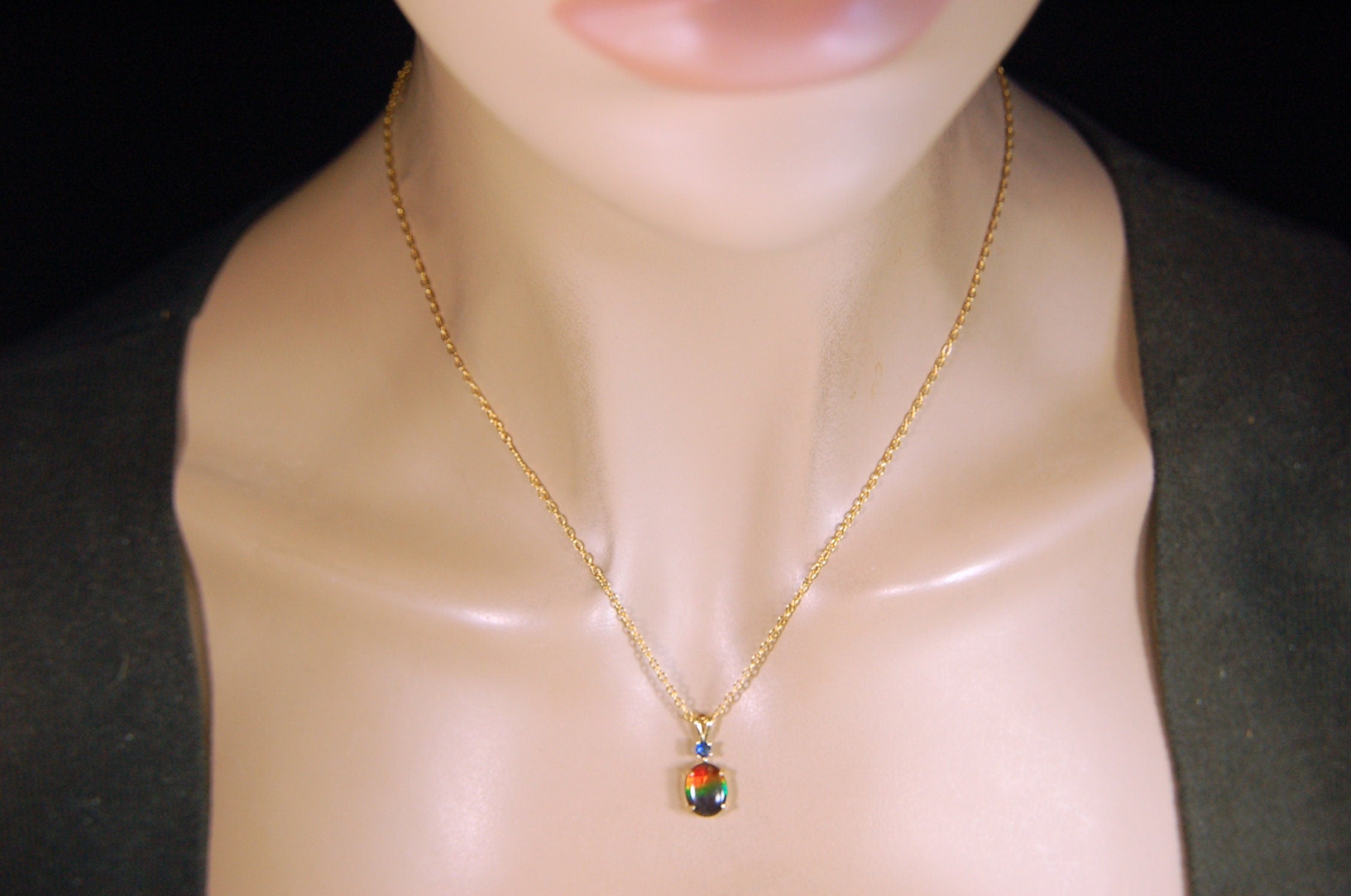 Petite Ammolite Jewelry Pendant in solid 10k Gold with Sapphire.Canadian Ammolite The Perfect Birthday Gift for Wife.032614