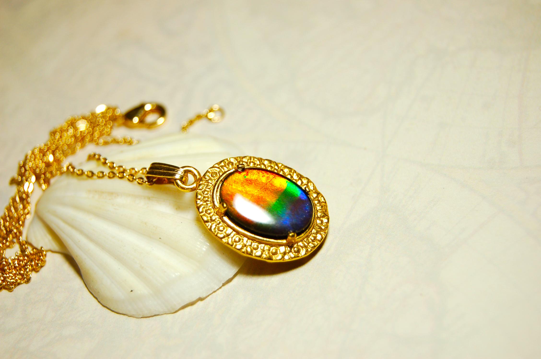 Ammolite pendant Anniversary gift idea for wife.Necklace set in 14kGF gold.Brilliant rainbow gem.Best seen in Video.033016