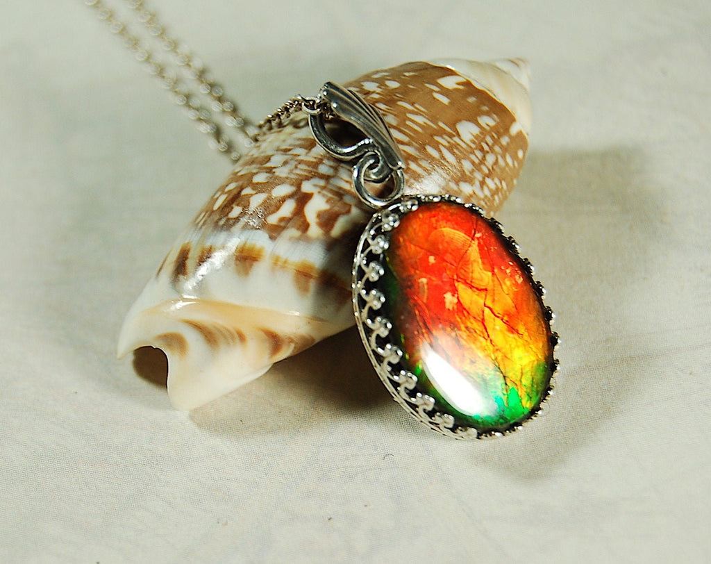 Fiery Ammolite pendant in Argentium* non tarnish Sterling Silver.Perfect Gift for her.Ammolite jewelry.Ammolite Feng shui.#123110