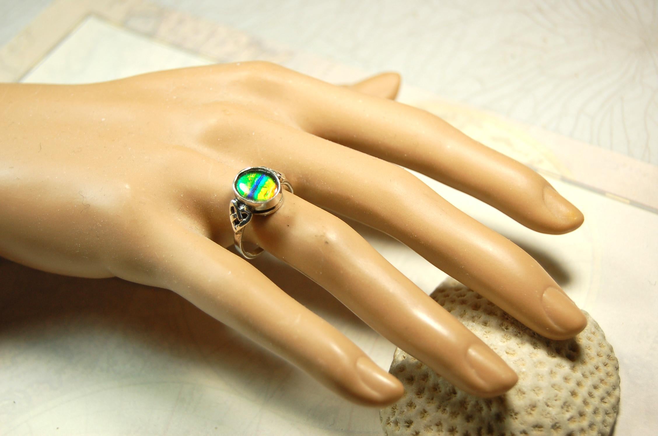 Ammolite ring with Celtic motif.Amazing RARE color scheme. One of a kind gift for wife.Sterling.Size7..031115