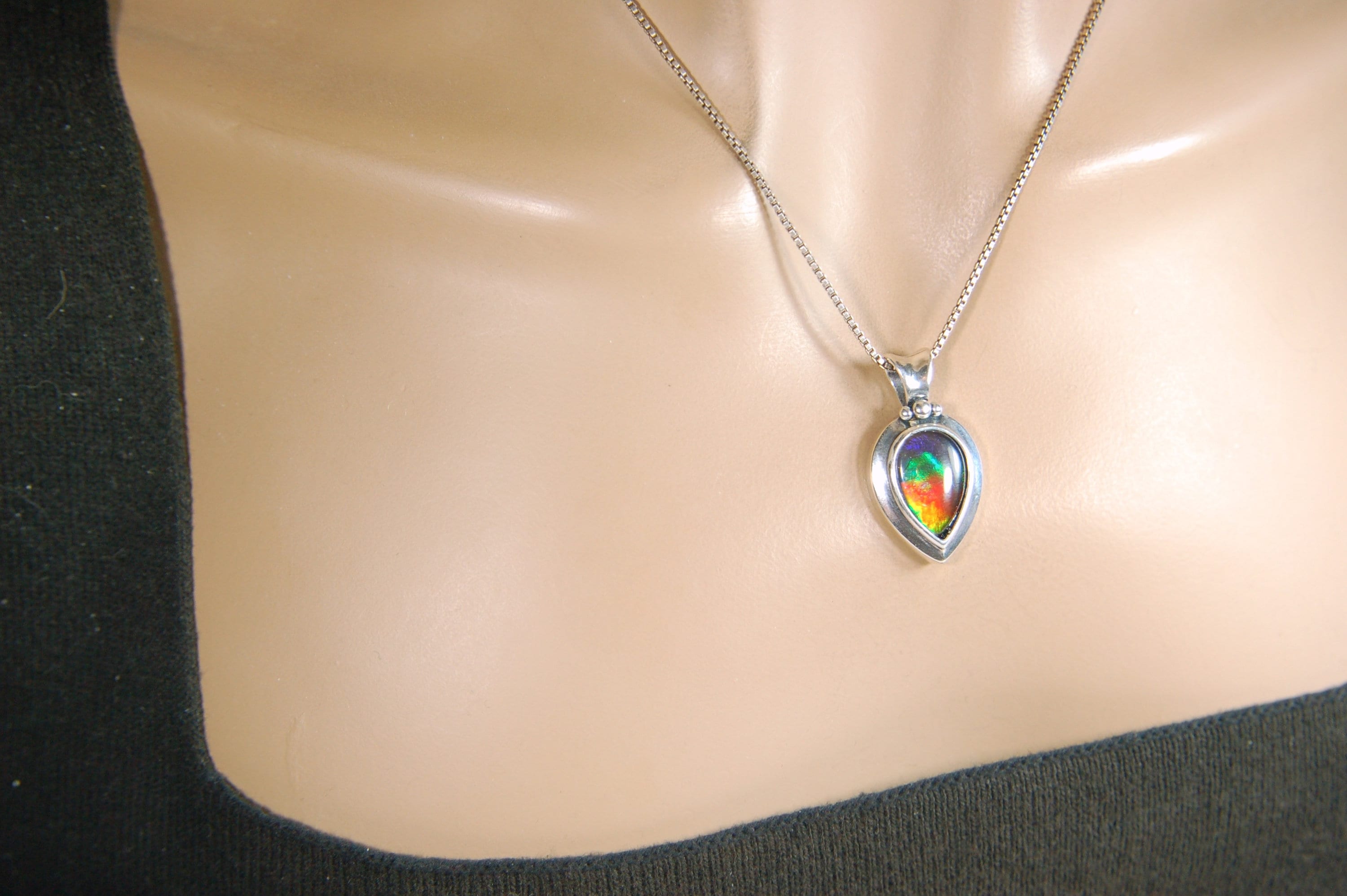 Ammolite Jewelry Rainbow Pendant Set in heavy sterling silver.High impact colors.Memorable gift.#030214