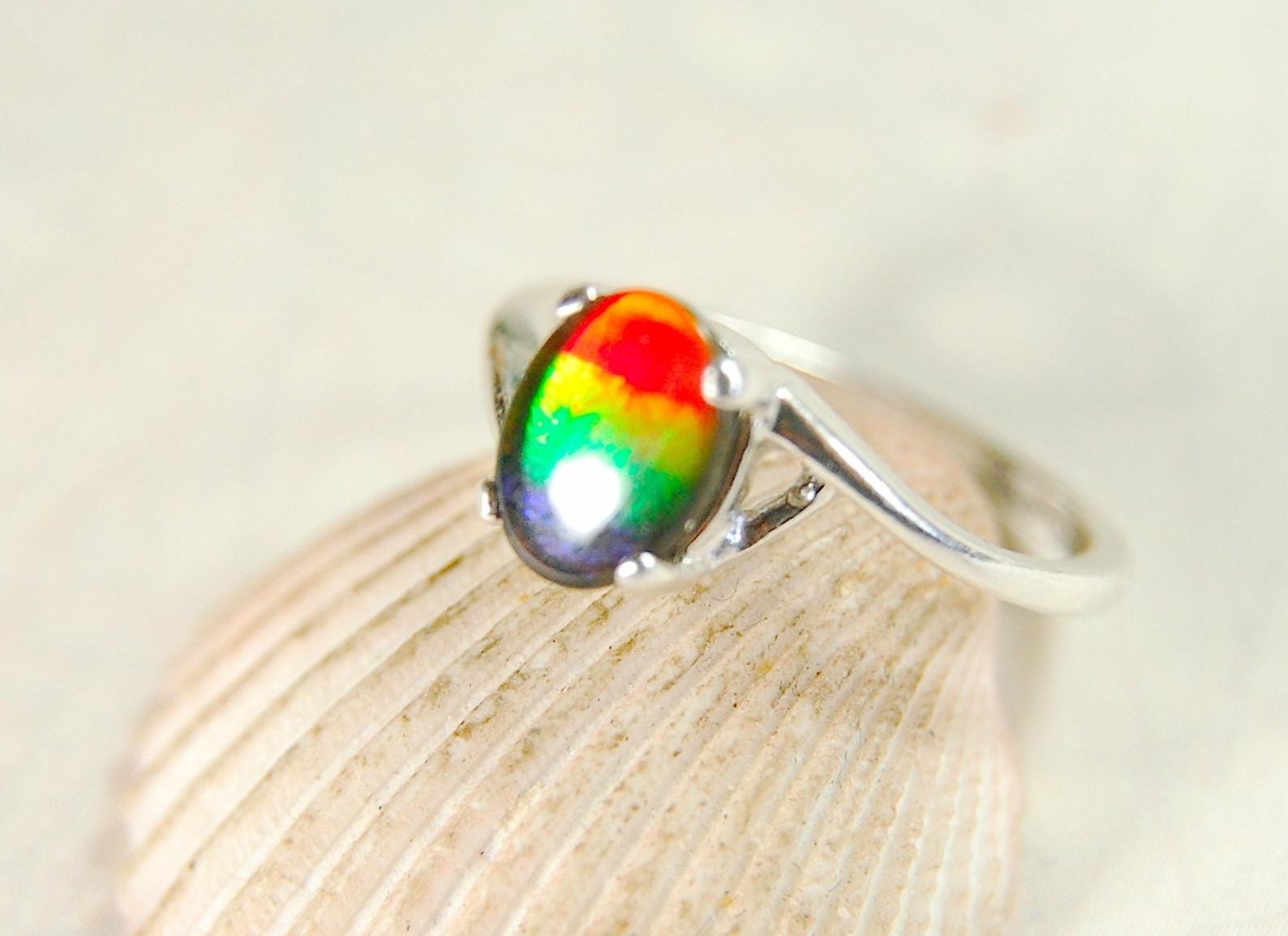 Dainty Ammolite Ring with four colors.Sterling silver ring for women.Size 6.Rare Iridescent Gemstone Necklace.Gift for wife.013114