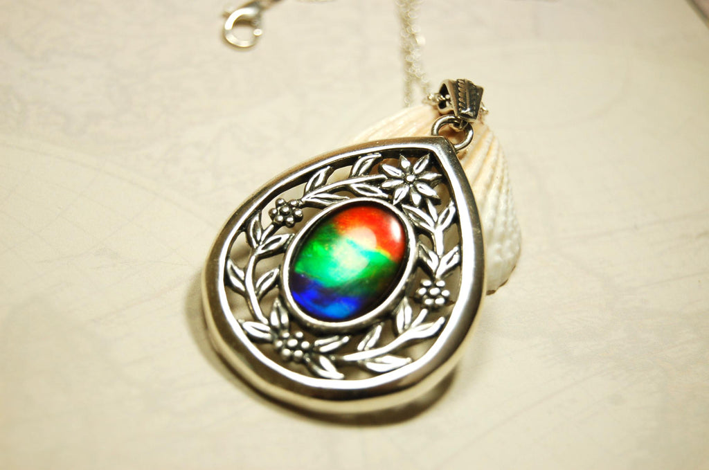 Anniversary gift idea for wife.Ammolite Jewelry Pendant with Rainbow pattern set in solid sterling silver.040416