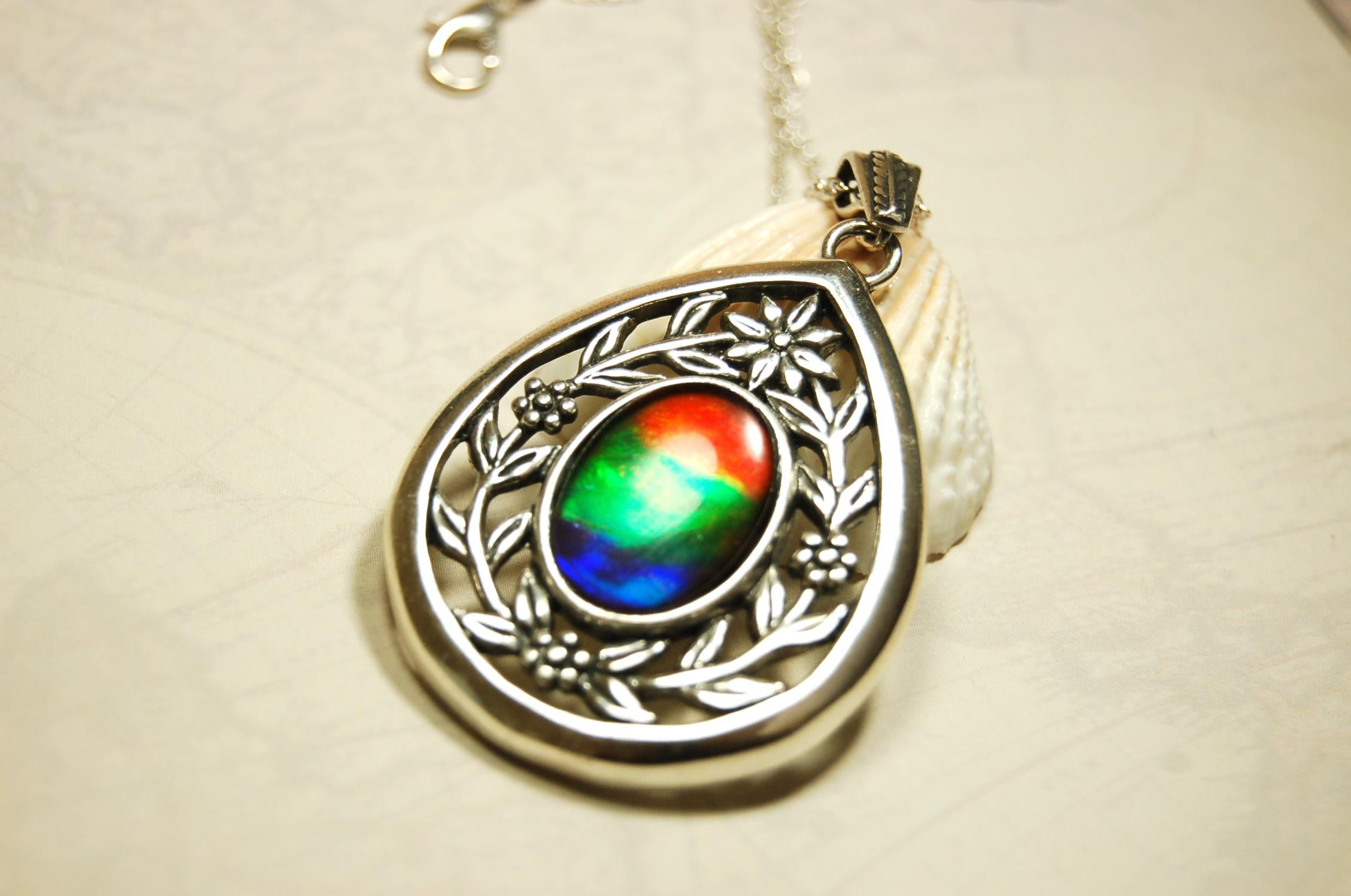 Anniversary gift idea for wife.Ammolite Jewelry Pendant with Rainbow pattern set in solid sterling silver.040416