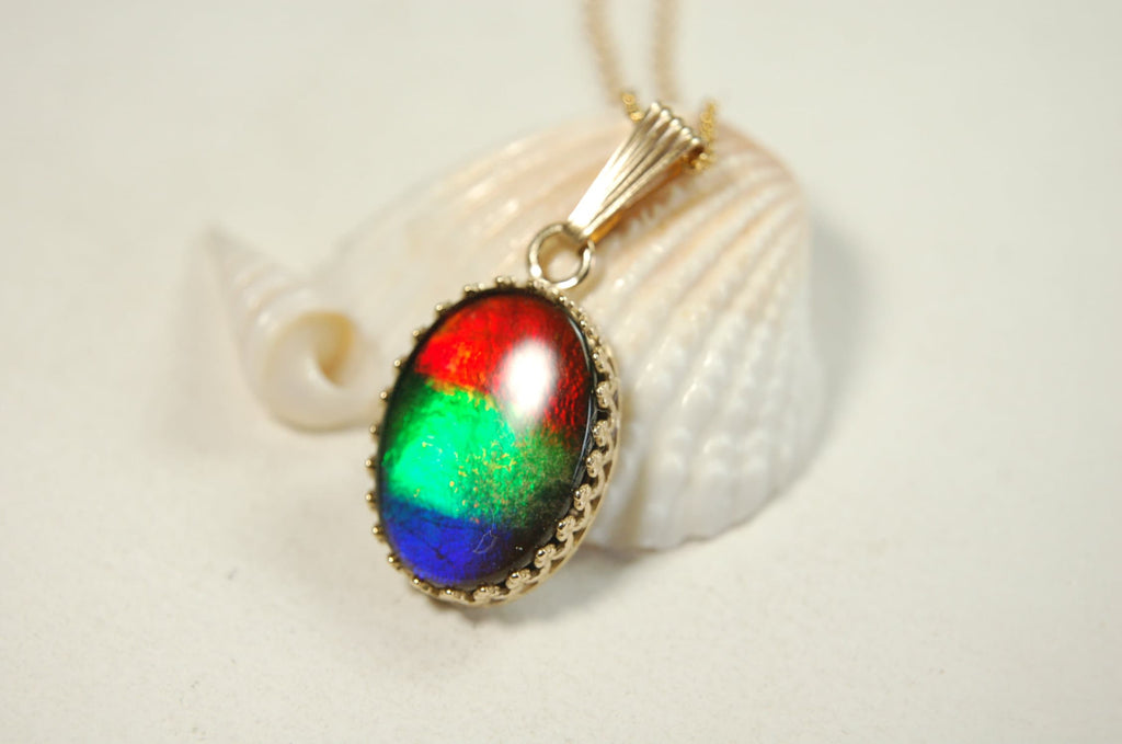 Ammolite Pendant in solid 14k Gold..High quality rainbow tricolor gem.Birthday or anniversary gift?.102513